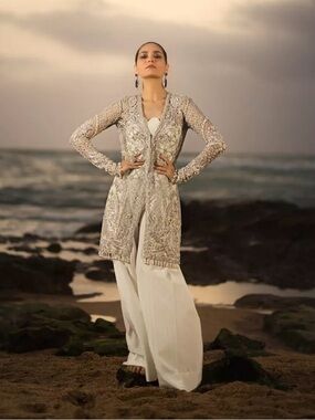 Embellished Silver-White Wedding Coat Dress - Designer